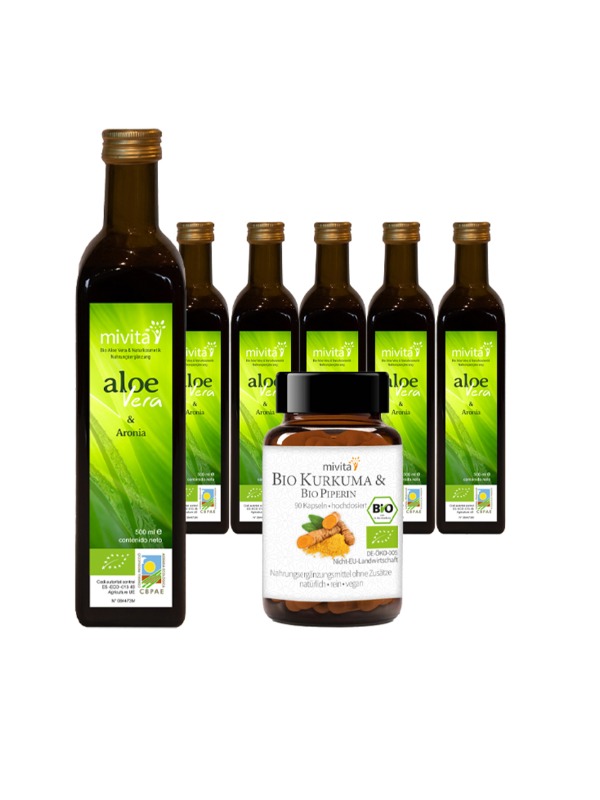 6 x Bio Aloe Vera & Aronia Direktsaft + 1 Kurkuma